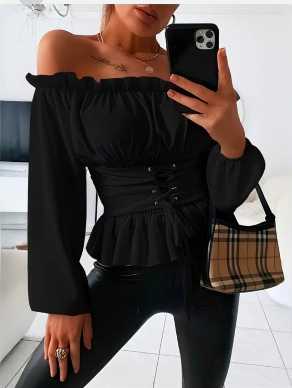 Elegant Off-Shoulder Black Ruffle Lace-Up Waist Crinching Long Sleeve Top
